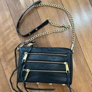 Rebecca Minkoff Triple Zipper Black Leather Crossbody Bag with Gold Accents EUC